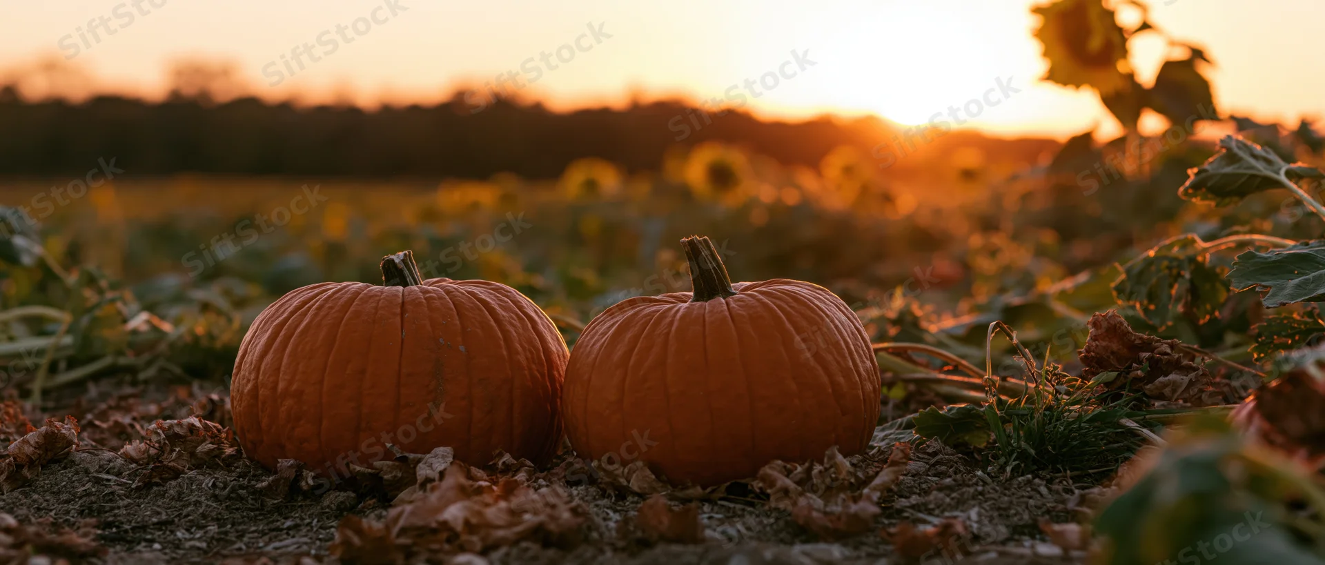 Two pumpkins resting on soil among sunflowers in a field at sunset