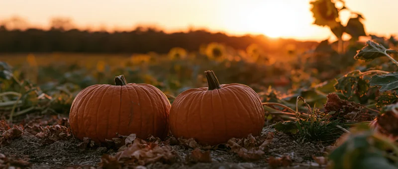 Two pumpkins resting on soil among sunflowers in a field at sunset