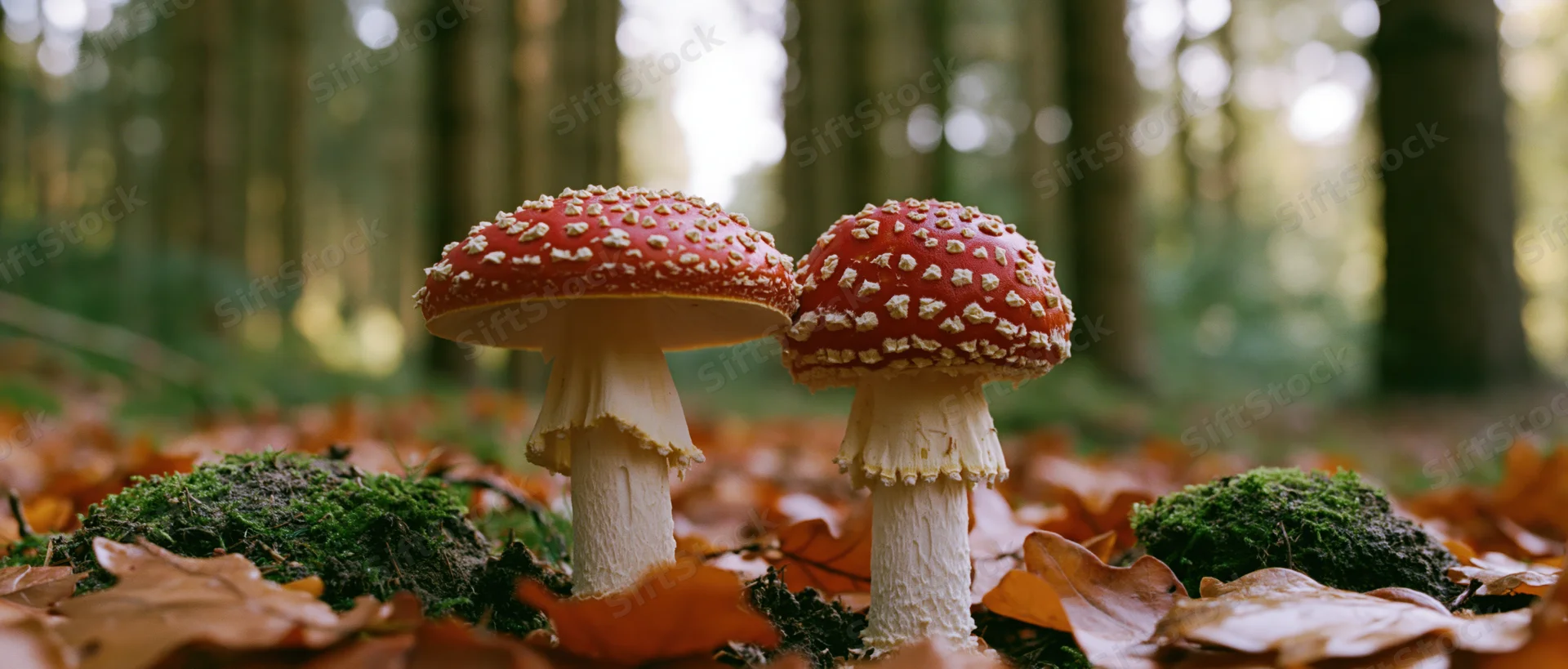Two red-and-white fly agaric mushrooms growing side by side in a forest floor covered with autumn leaves and moss