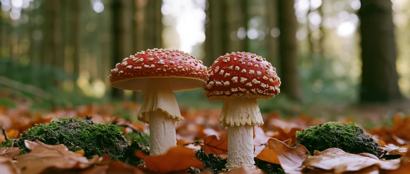 Two red-and-white fly agaric mushrooms growing side by side in a forest floor covered with autumn leaves and moss
