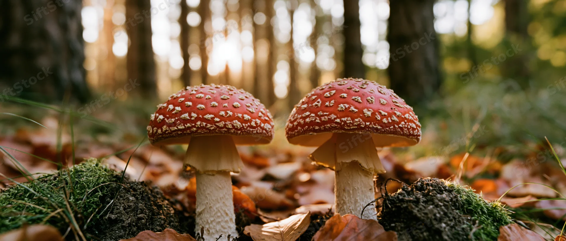 Two red-and-white fly agaric mushrooms growing side by side on a mossy forest floor among fallen autumn leaves
