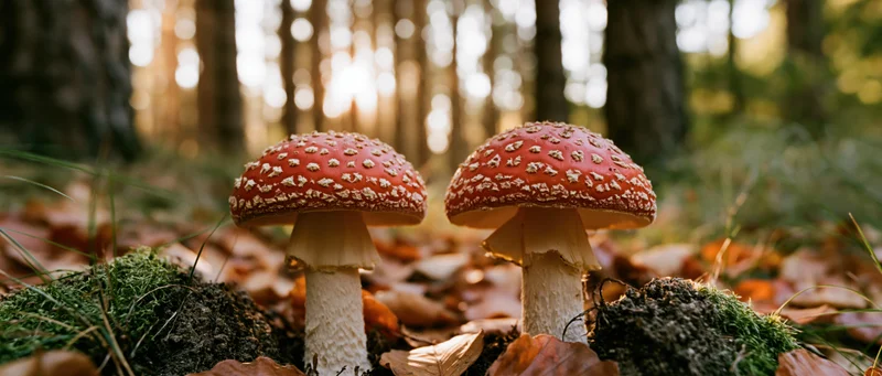 Two red-and-white fly agaric mushrooms growing side by side on a mossy forest floor among fallen autumn leaves