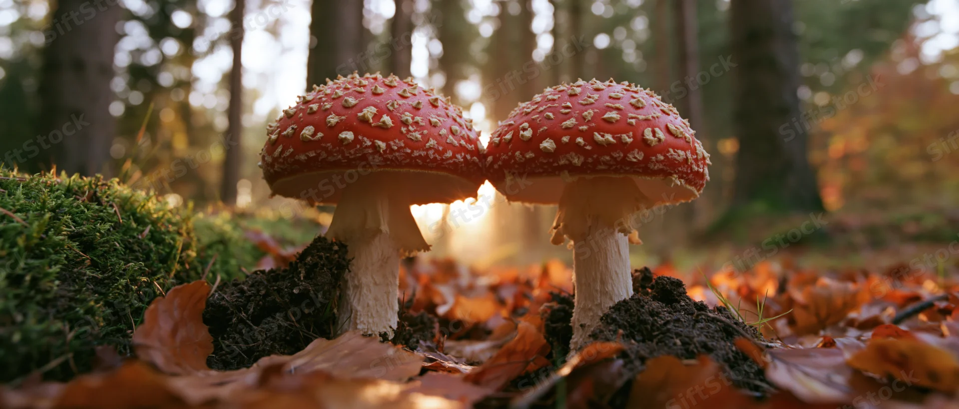 Two red-and-white fly agaric mushrooms growing side by side in a forest with autumn leaves and moss at golden hour