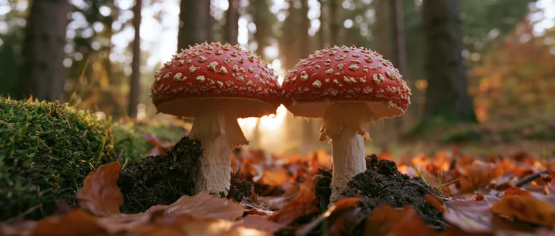 Two red-and-white fly agaric mushrooms growing side by side in a forest with autumn leaves and moss at golden hour