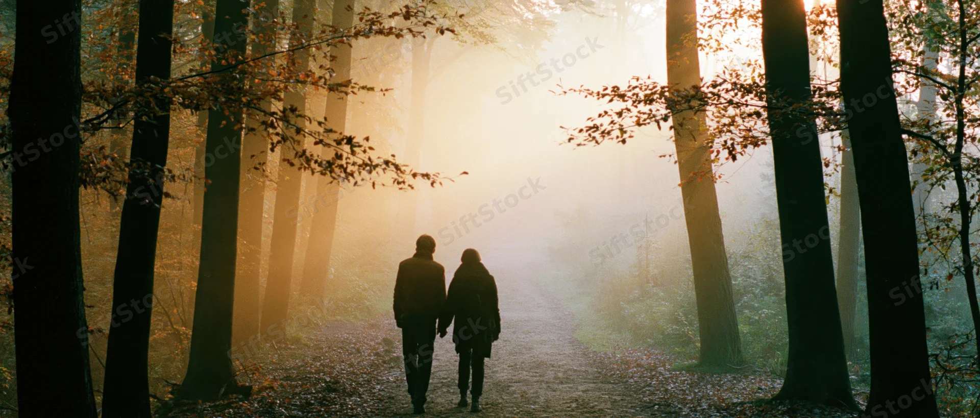 Couple walking hand in hand along a forest path in autumn fog at golden hour