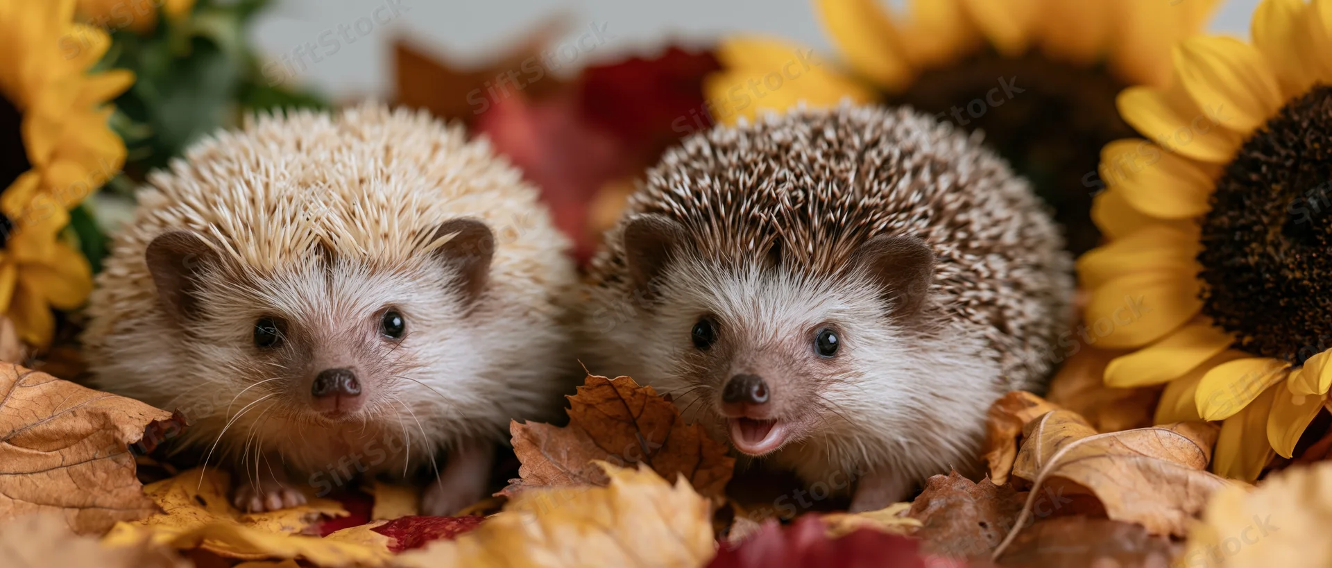 Two small hedgehogs nestled among fallen autumn leaves and sunflowers