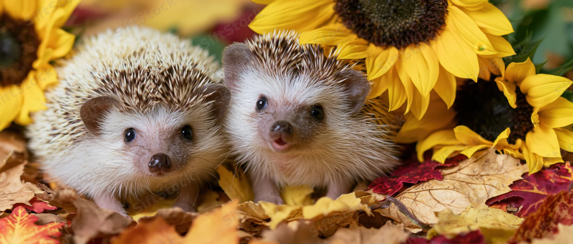 Two small hedgehogs nestled among autumn leaves and sunflowers