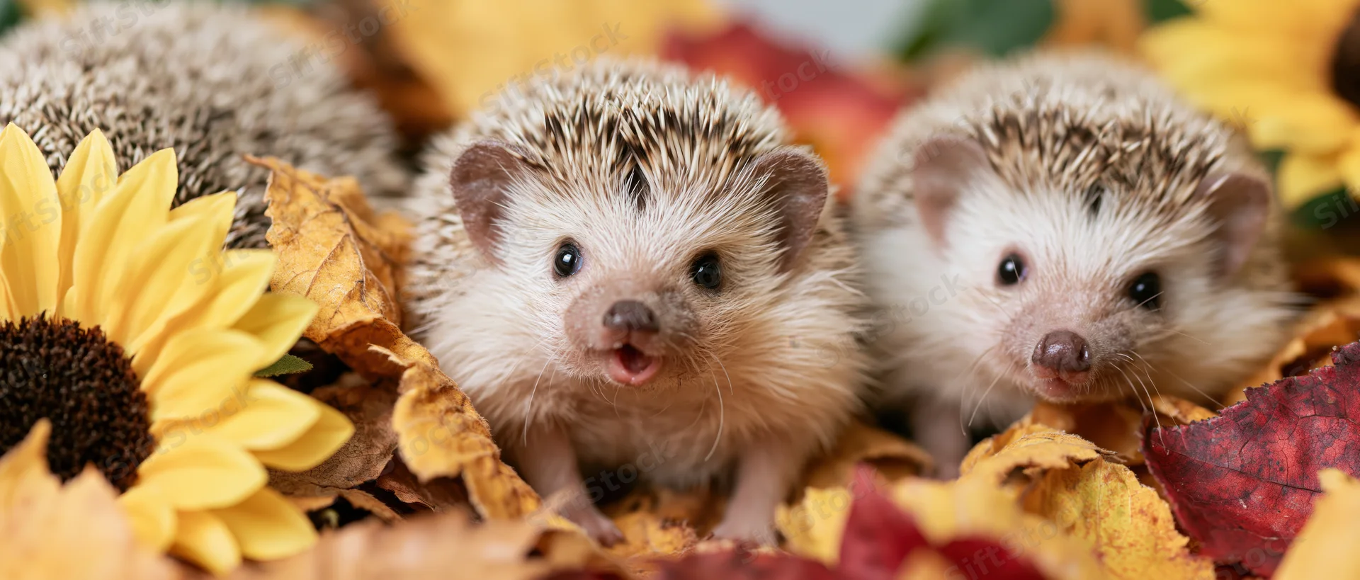 Two small hedgehogs nestled among fallen autumn leaves and sunflowers