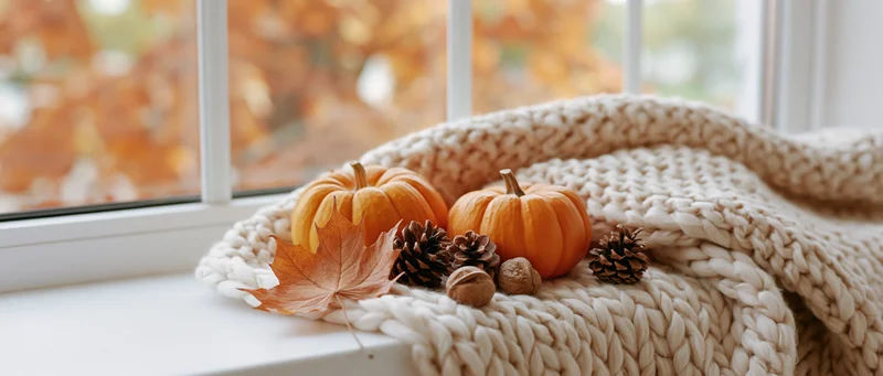 Small orange pumpkins, pinecones, walnuts and a dried maple leaf arranged on a knitted blanket on a windowsill with autumn foliage visible outside