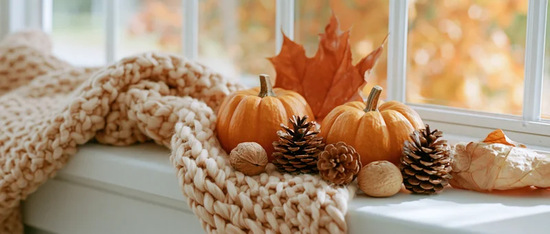 Small pumpkins, pinecones, walnuts and a maple leaf arranged on a windowsill with a knitted blanket, beside a window showing autumn foliage