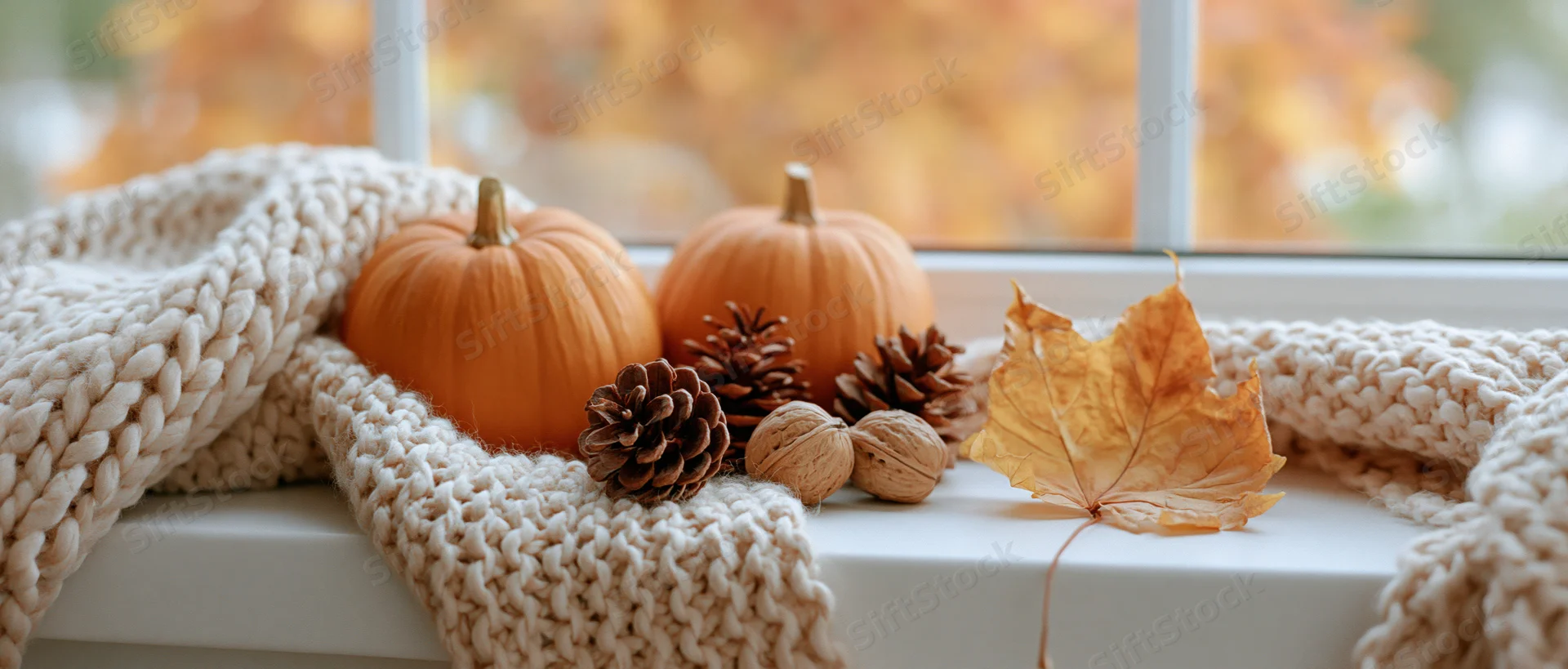 Small pumpkins, pinecones, walnuts and a dried maple leaf arranged on a windowsill with a knitted blanket, autumn decor in a home interior