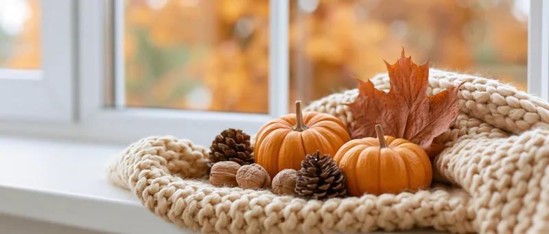 Small pumpkins, pinecones and walnuts arranged on a knitted sweater on a windowsill with autumn foliage outside