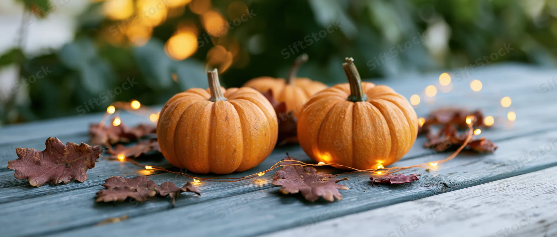Small pumpkins with fairy lights and autumn leaves on a weathered wooden table