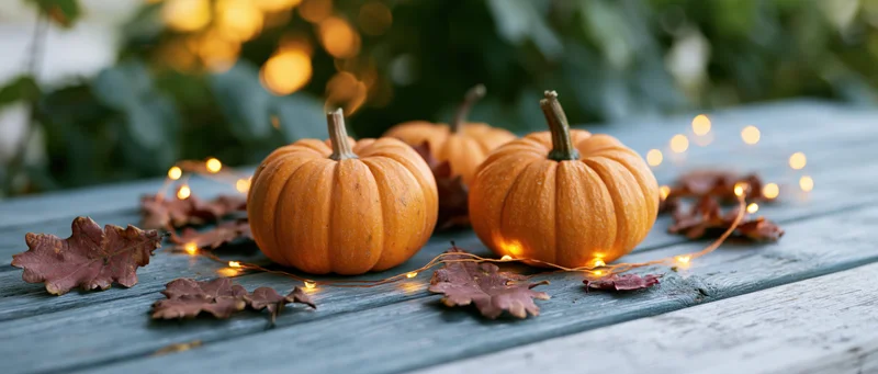 Small pumpkins with fairy lights and autumn leaves on a weathered wooden table