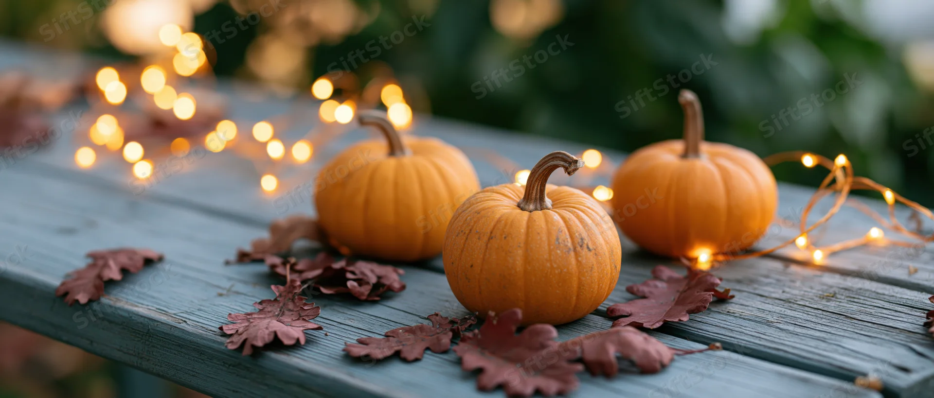 Three small orange pumpkins with dried leaves and string lights arranged on a weathered wooden table outdoors