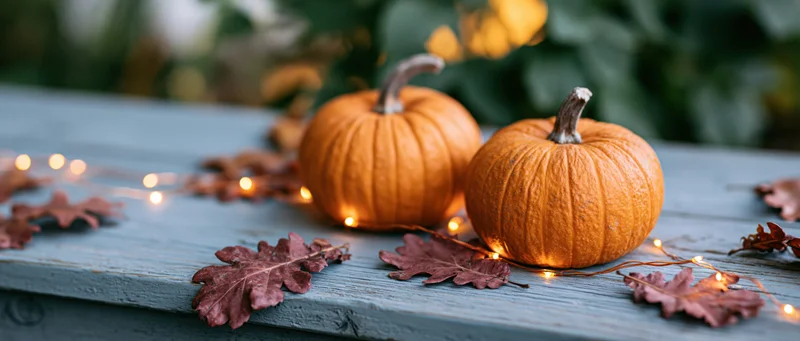 Two small orange pumpkins on a weathered wooden table surrounded by dried leaves and string lights