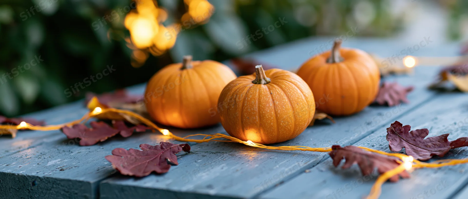 Three small orange pumpkins arranged on a weathered grey wooden table with string lights and autumn leaves