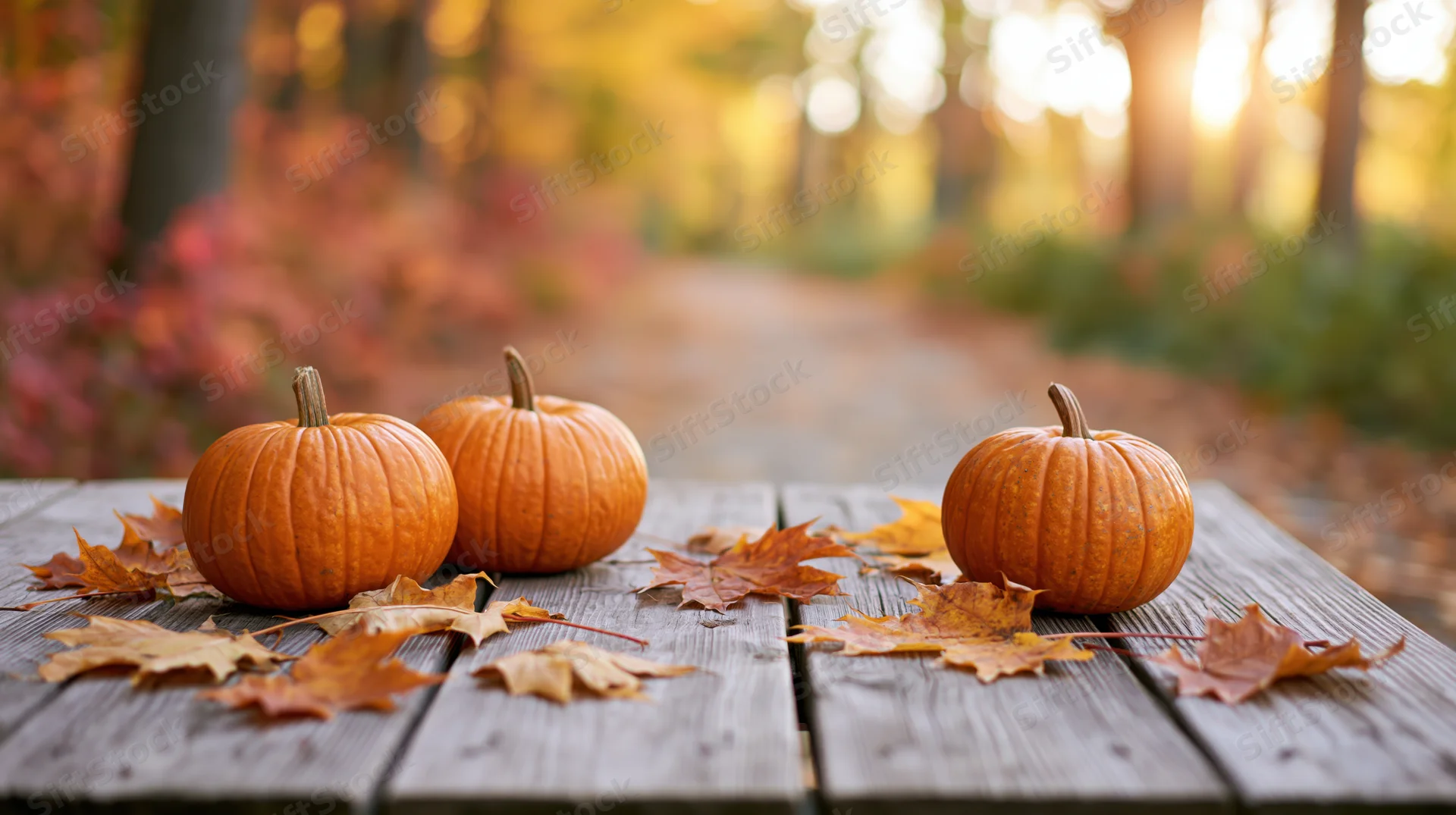 Three small orange pumpkins on a weathered wooden table surrounded by autumn leaves in a forest setting