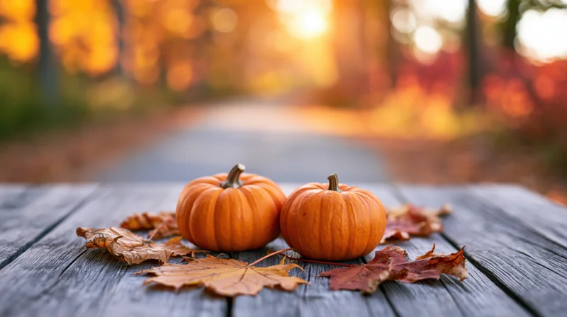 Two small orange pumpkins on a weathered wooden table surrounded by fallen maple leaves in an autumn forest setting