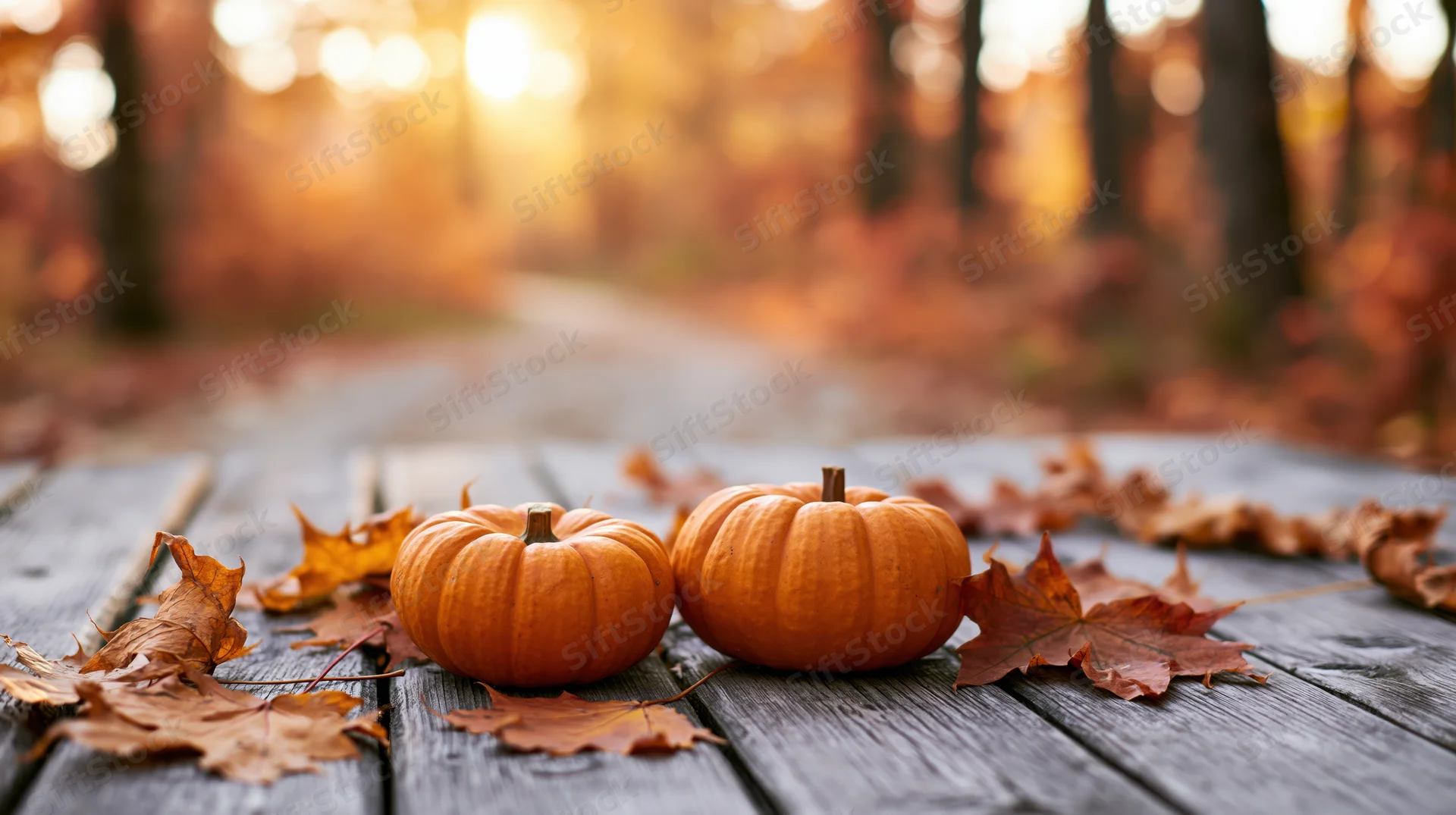 Two small orange pumpkins resting on a weathered wooden table surrounded by fallen leaves in a forest setting at sunset