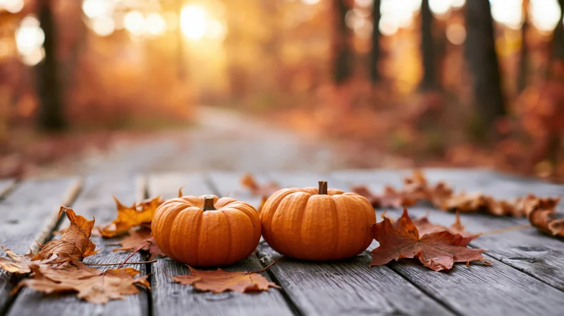 Two small orange pumpkins resting on a weathered wooden table surrounded by fallen leaves in a forest setting at sunset