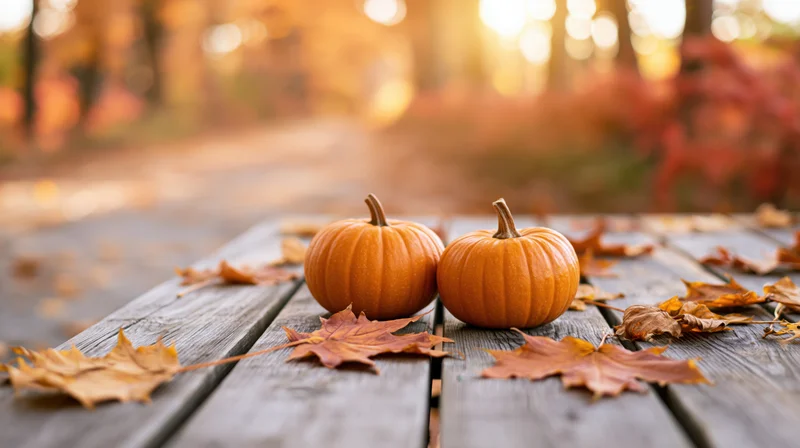Two small orange pumpkins on a weathered wooden table surrounded by fallen maple leaves in an autumn forest setting