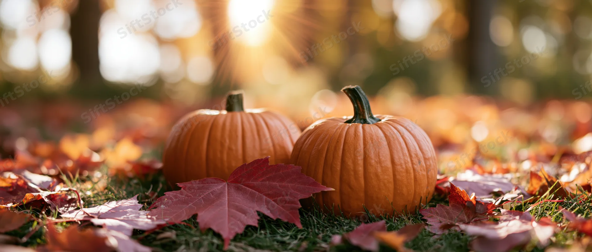 Two small orange pumpkins resting on grass scattered with fallen autumn leaves under warm sunlight