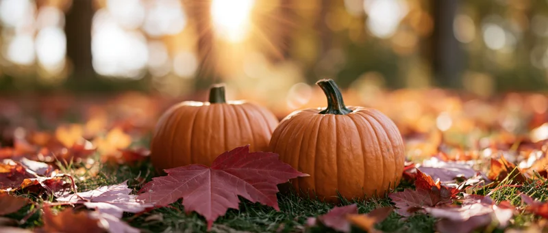 Two small orange pumpkins resting on grass scattered with fallen autumn leaves under warm sunlight