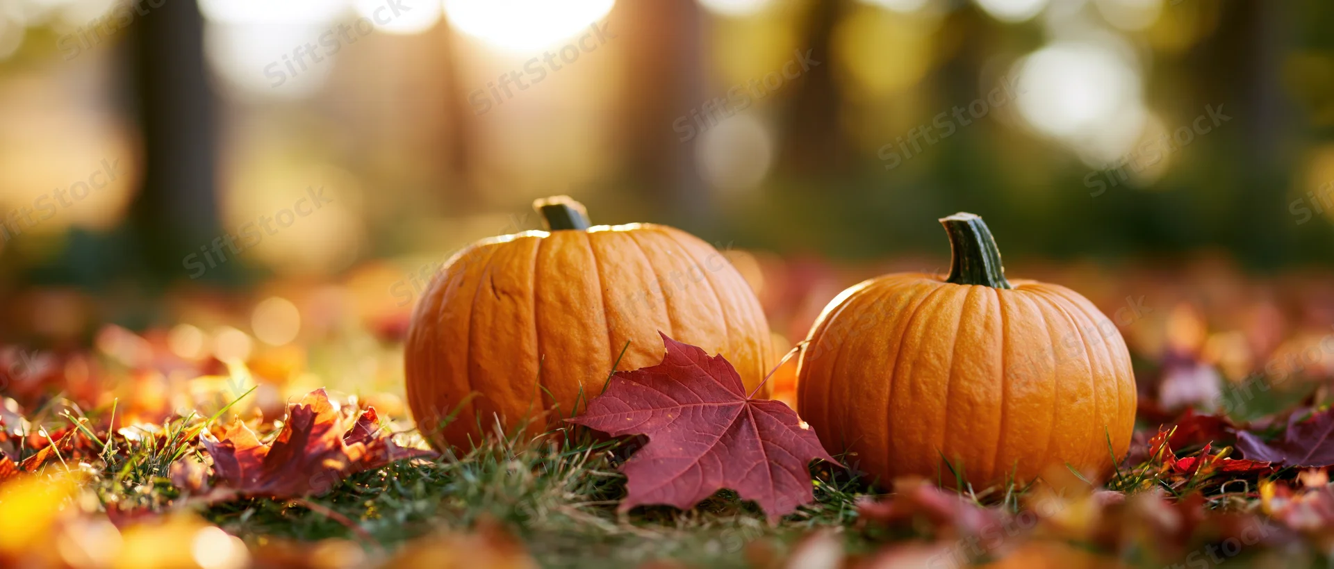 Two small orange pumpkins resting on grass scattered with fallen autumn leaves in a sunlit forest clearing