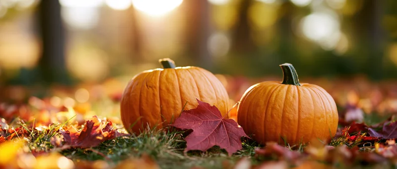 Two small orange pumpkins resting on grass scattered with fallen autumn leaves in a sunlit forest clearing