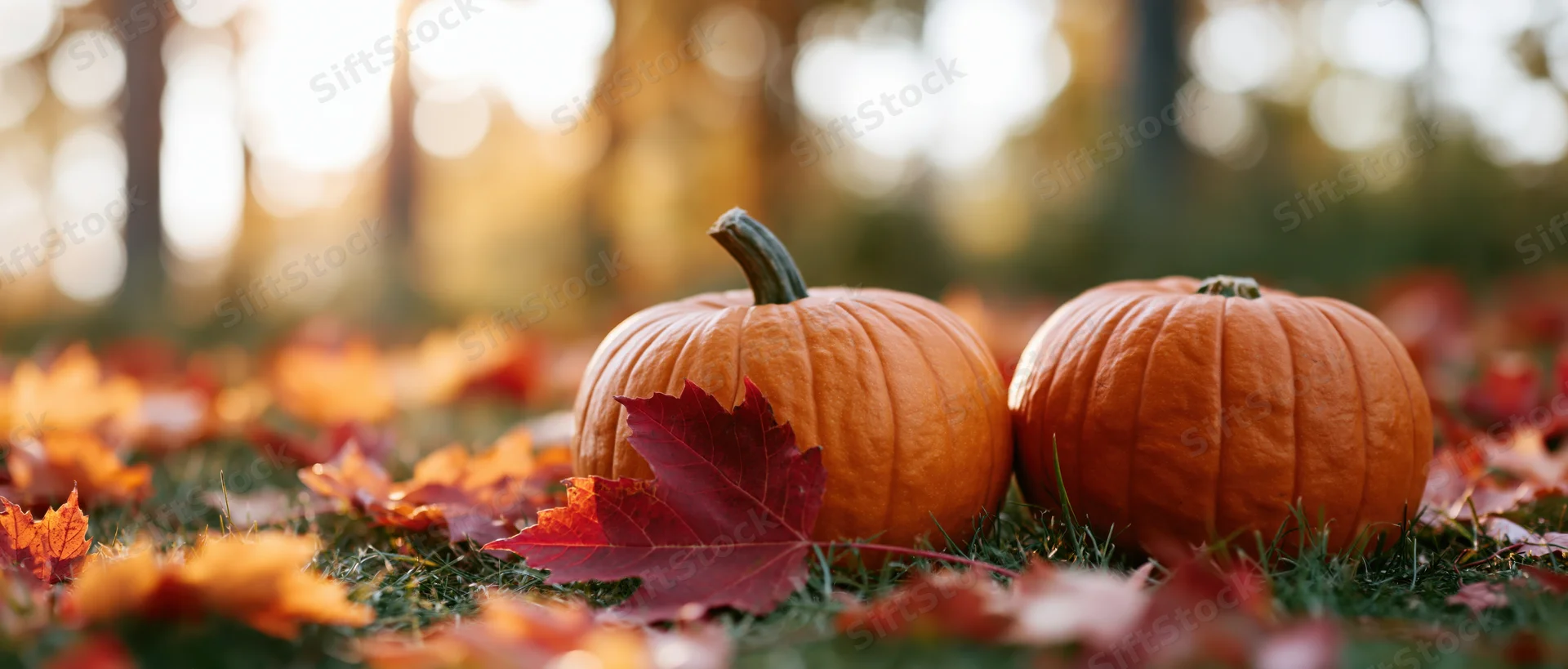 Two small orange pumpkins resting on grass scattered with fallen maple leaves in a sunlit autumn forest