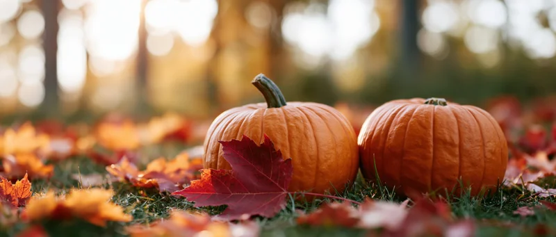 Two small orange pumpkins resting on grass scattered with fallen maple leaves in a sunlit autumn forest