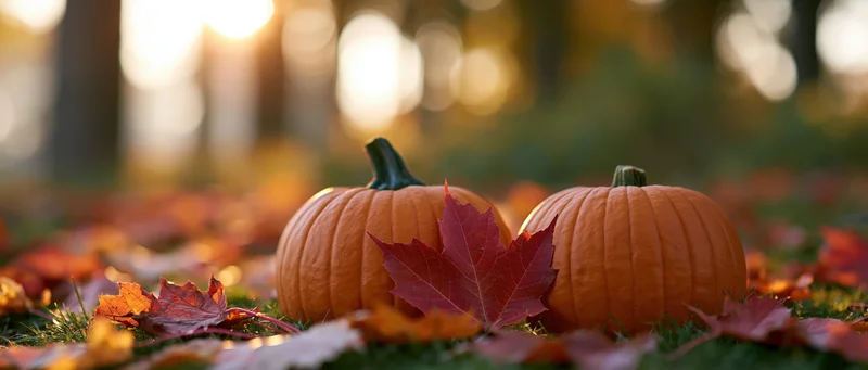 Two small orange pumpkins resting on grass scattered with fallen autumn leaves in a sunlit woodland