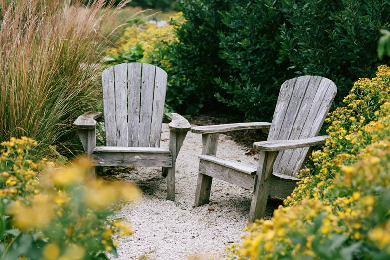 Two weathered wooden adirondack chairs side by side on a gravel path surrounded by yellow flowers and green shrubs in a garden