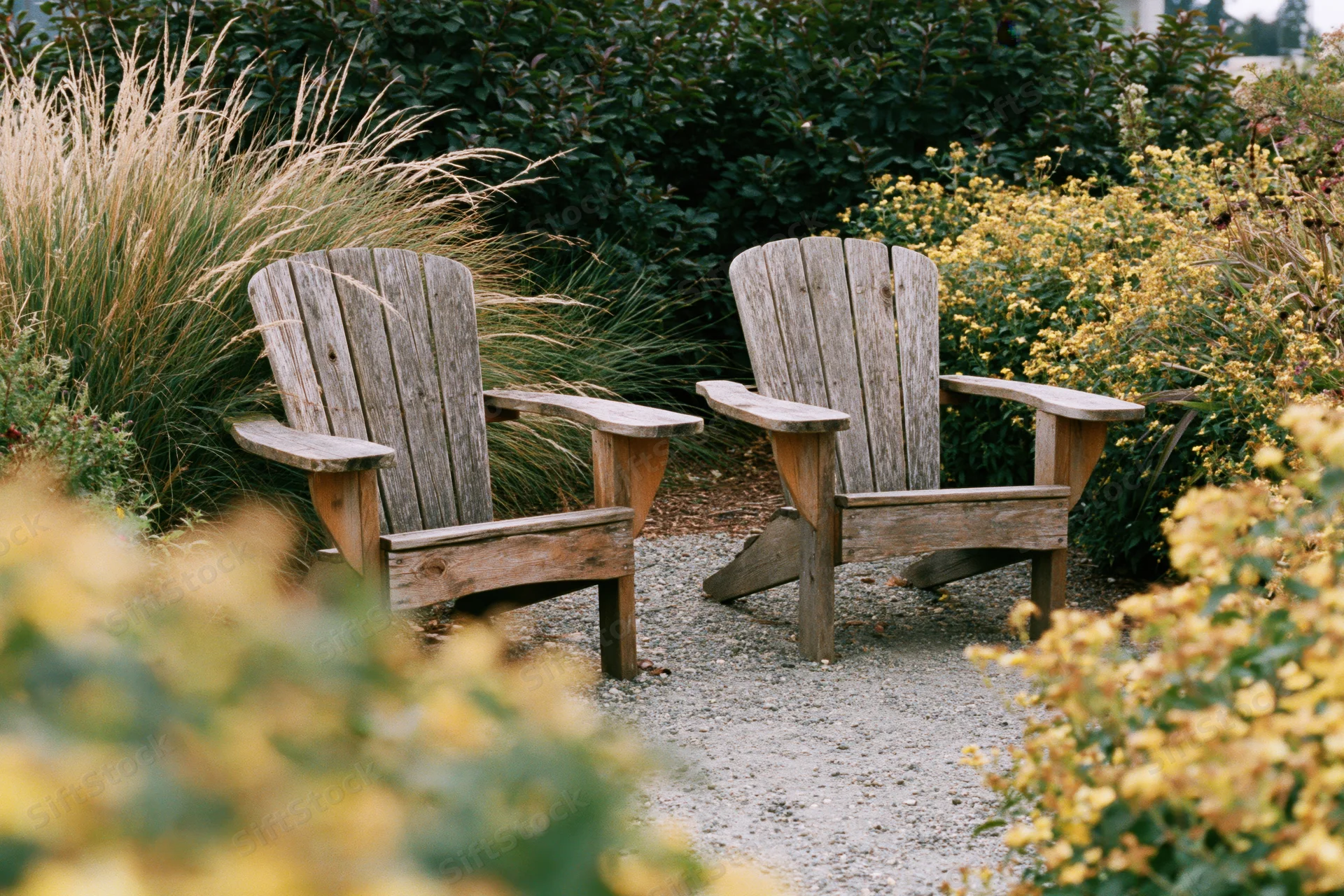Two weathered wooden adirondack chairs side by side on a gravel path surrounded by flowering shrubs and ornamental grasses in a garden