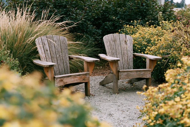 Two weathered wooden adirondack chairs side by side on a gravel path surrounded by flowering shrubs and ornamental grasses in a garden