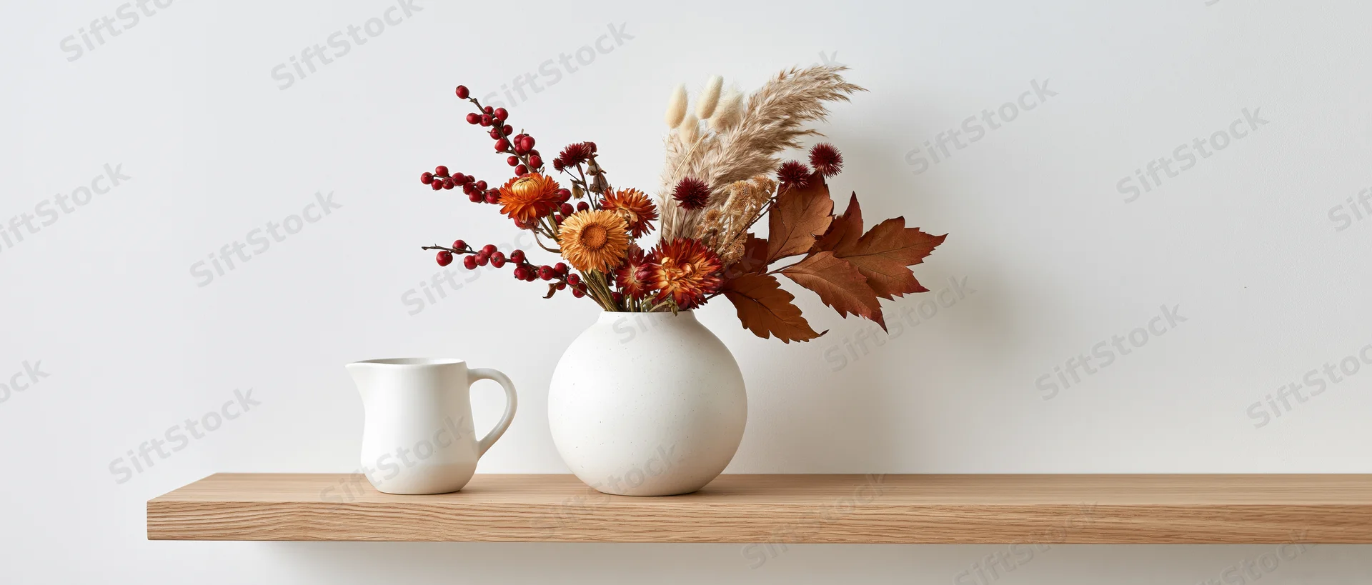 Dried flowers and berries in a white ceramic vase beside a pitcher on a light wood shelf