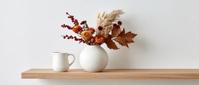 Dried flowers and berries in a white ceramic vase beside a pitcher on a light wood shelf