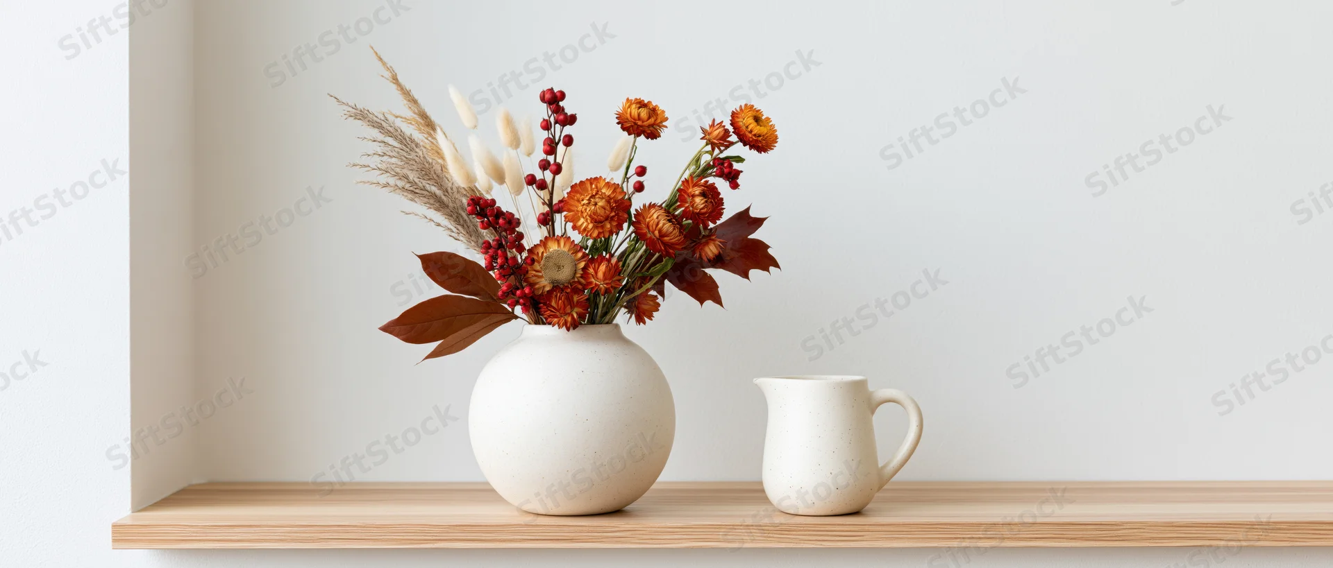 Dried flowers and berries in a white ceramic vase beside a small pitcher on a light wood shelf