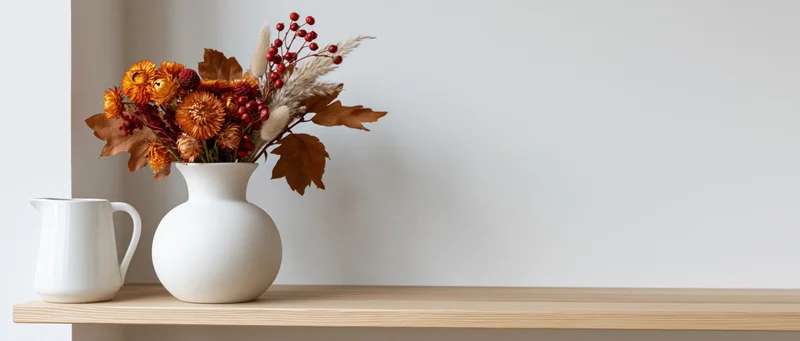 Dried autumn flowers in a white ceramic vase on a light wood shelf with a matching pitcher beside it