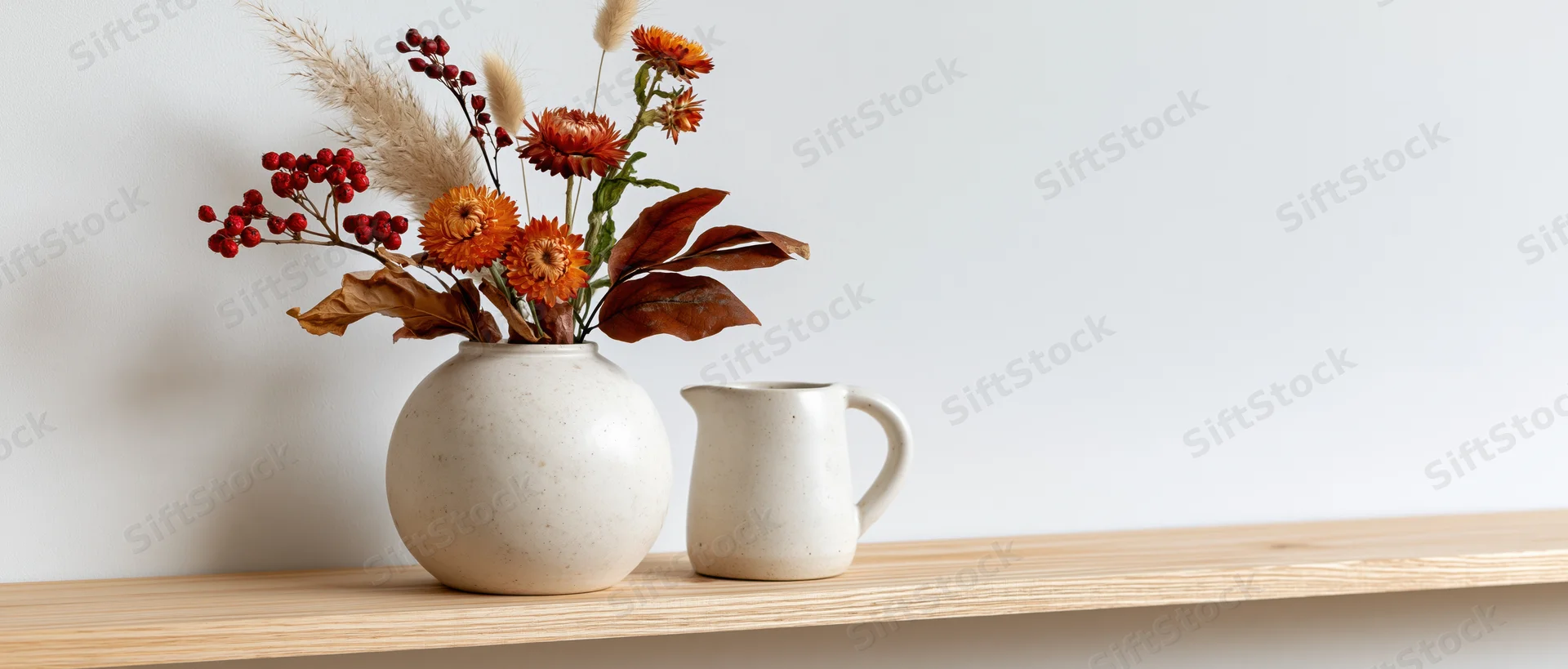 Dried flowers and berries in a white ceramic vase beside a pitcher on a light wood shelf