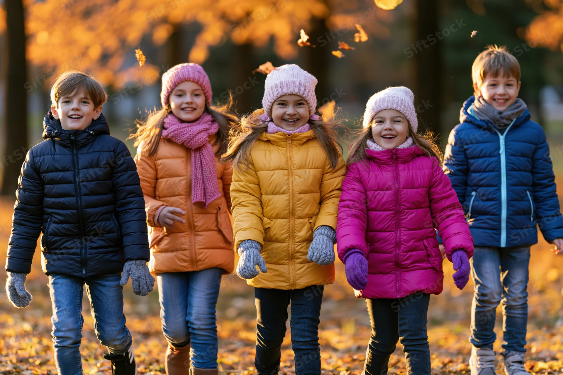 Five children smiling and walking in an autumn park with falling leaves
