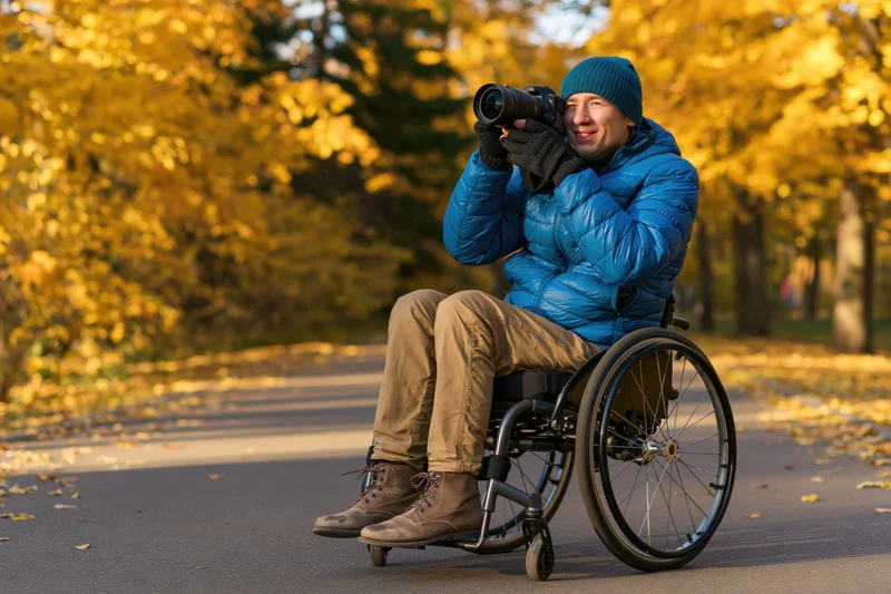 Man in wheelchair holding camera smiling in autumn park