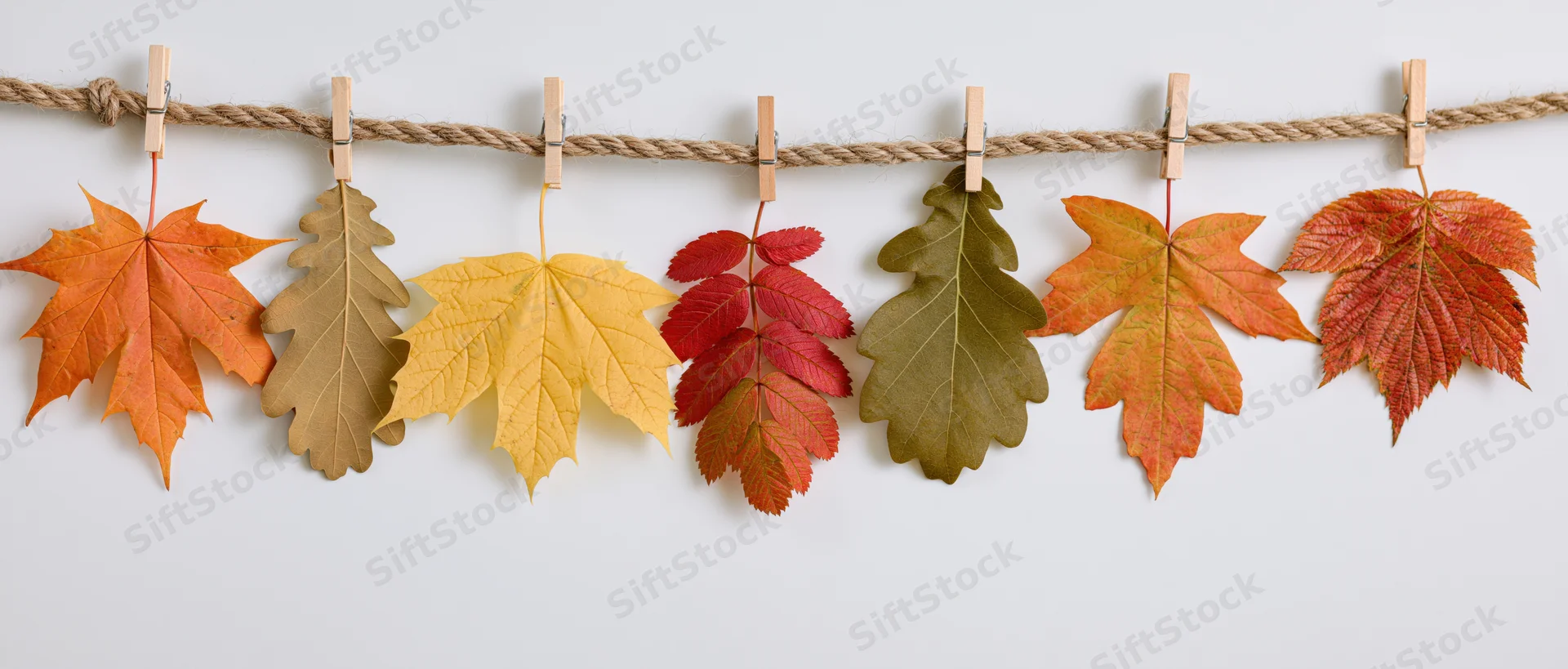Autumn leaves clipped to a rope with clothespins against a white wall