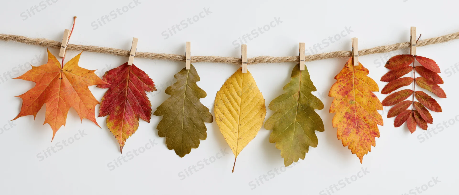Autumn leaves clipped to a twine string against a white background