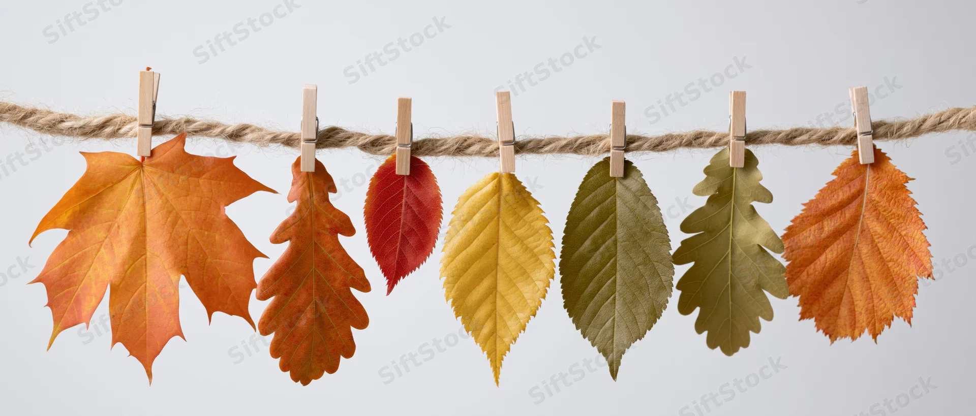 Autumn leaves of various species clipped to a twine line with clothespins against a light background