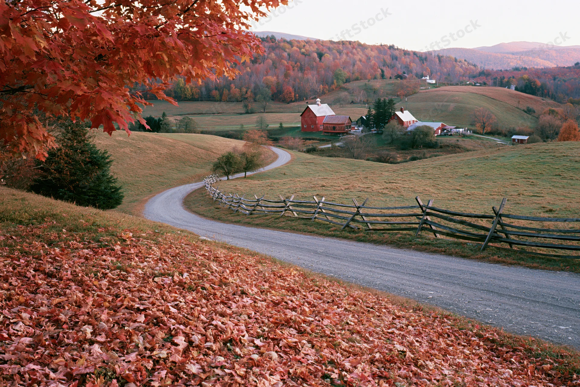 Winding gravel road through autumn foliage-covered hills leading to red barn farm in Vermont countryside