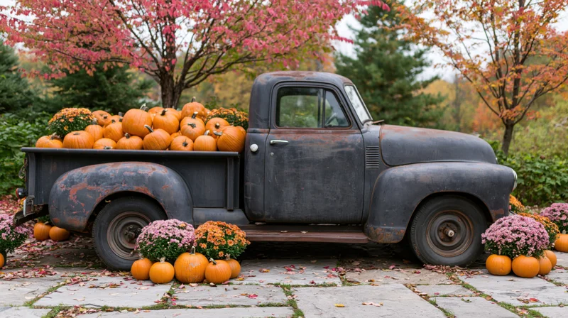Vintage pickup truck loaded with pumpkins and flowers in autumn garden setting