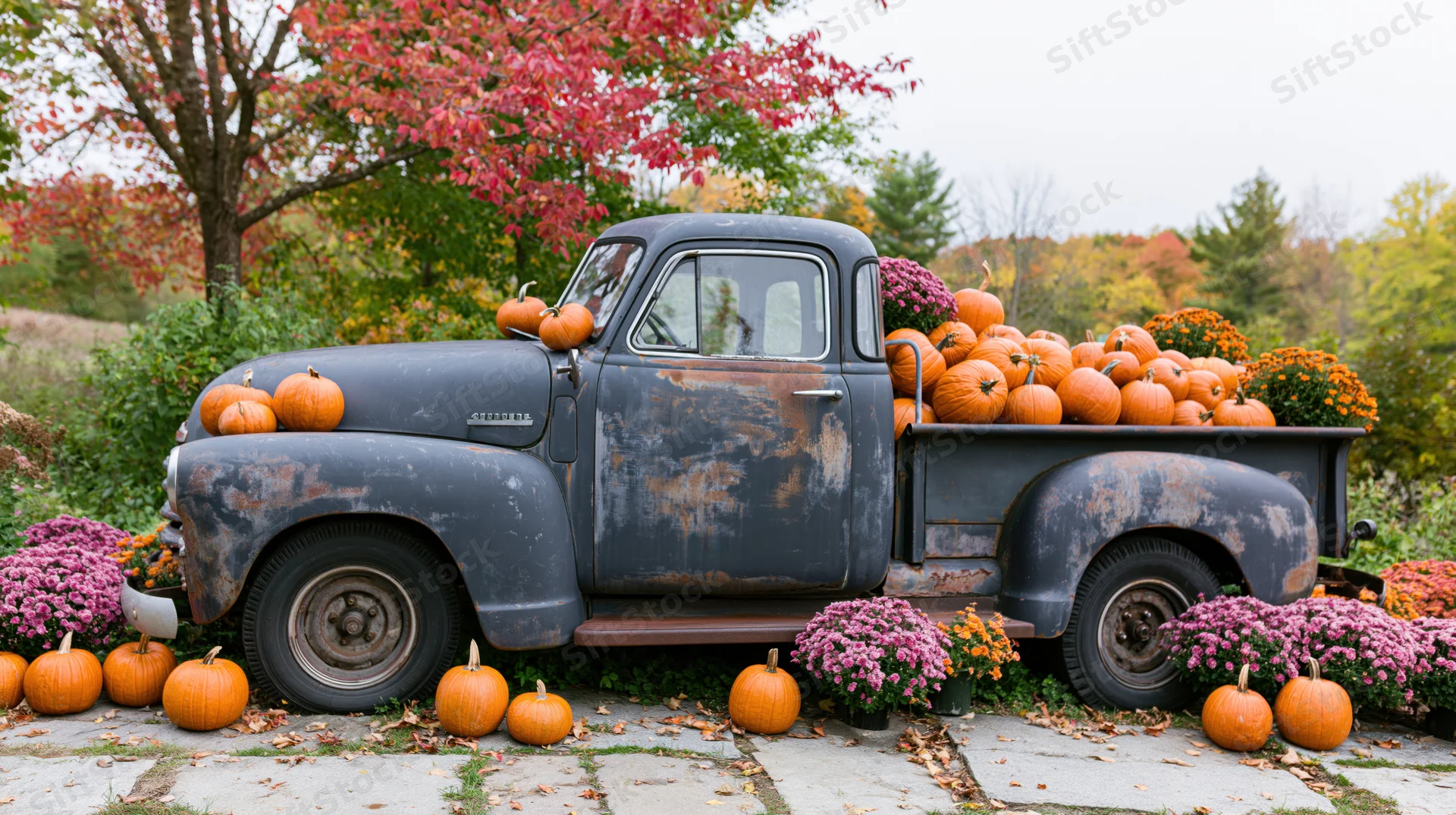 Vintage pickup truck loaded with pumpkins and flowers in autumn garden setting