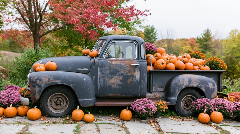 Vintage pickup truck loaded with pumpkins and flowers in autumn garden setting